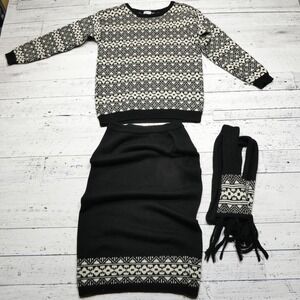Vintage Heirlooms Sweater Skirt Scarf Set Womens‎ Medium Black White Wool 90s